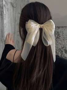 1pc Layered Tulle Long Streamer Bow Hair Clip, Elegant Fashion Tulle Ethereal Hair Accessory For Women, Suitable For Any Occasion Claw Clips Hair Claws Hair Barrettes, School Stuff, College, Winter Outfit For Women, Bows, Cute, Hair Accessories - Beige - View 1