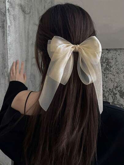 1pc Layered Tulle Long Streamer Bow Hair Clip, Elegant Fashion Tulle Ethereal Hair Accessory For Women, Suitable For Any Occasion Claw Clips Hair Claws Hair Barrettes, School Stuff, College, Winter Outfit For Women, Bows, Cute, Hair Accessories