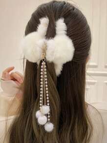Grampo de Cabelo Decorado com Pérola Falsa e Pompom, Grampo de Cabelo Fofo em Formato de Arco de Anjo, Grampo de Cabelo, Presilha de Cabelo, Pinça de Cabelo, Acessório de Cabelo, Material Escolar, Faculdade