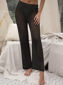 Hollow Out Crochet Flare Leg Pants - Black - View 1