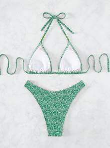 All Over Print Halter Triangle Bikini Set - Green - View 2