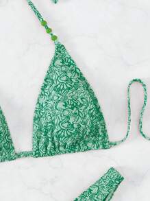 All Over Print Halter Triangle Bikini Set - Green - View 5