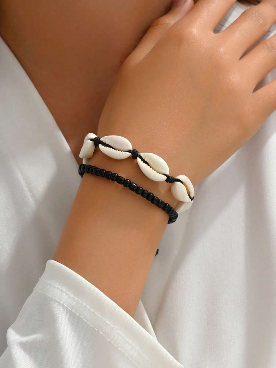 2入組天然貝殼和稻穗串手鍊,休閒海灘風格,大小和數量隨機 - 黑與白 - 查看 1