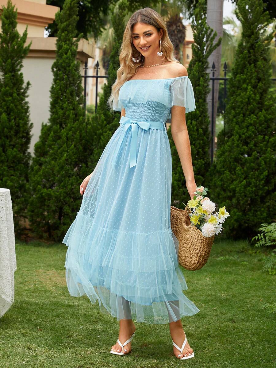 Simplee 荷葉邊腰帶波點網紗連衣裙 - 淺藍色 - 查看 1