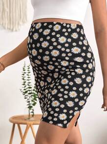 SHEIN Maternity Daisy Print Split Hem Adjustable Waist Bodycon Skirt - Multicolor - View 4