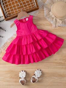 SHEIN Baby Layer Hem Dress - Hot Pink - View 1