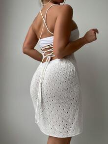 Hollow Out Lace Up Backless Cami Cover Up Dress Without Bikini Bottom - White - View 2