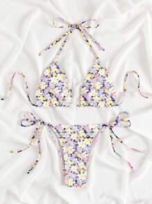 Swim Mod Summer Beach Ditsy Floral Print Halter Triangle Tie Side Bikini Set - Multicolor - View 1