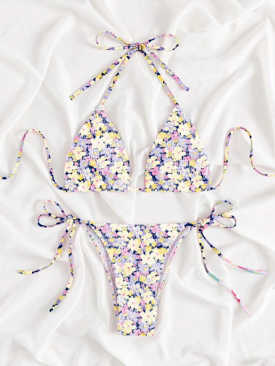 Swim Mod Summer Beach Ditsy Floral Print Halter Triangle Tie Side Bikini Set - Multicolor - View 1
