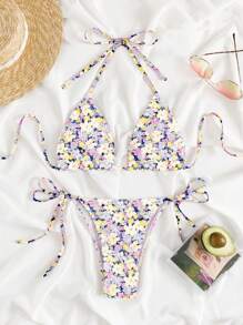Swim Mod Summer Beach Ditsy Floral Print Halter Triangle Tie Side Bikini Set - Multicolor - View 3