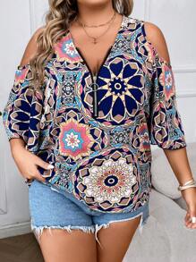 SHEIN LUNE 大碼印花挖肩半拉鏈襯衫 - 藏蓝色 - 查看 4