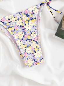 Swim Mod Summer Beach Ditsy Floral Print Halter Triangle Tie Side Bikini Set - Multicolor - View 4
