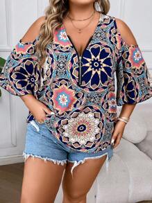 SHEIN LUNE 大碼印花挖肩半拉鏈襯衫 - 藏蓝色 - 查看 5