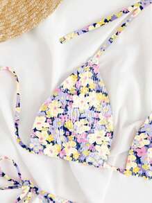 Swim Mod Summer Beach Ditsy Floral Print Halter Triangle Tie Side Bikini Set - Multicolor - View 5