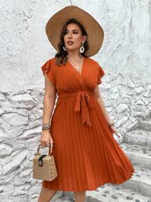 SHEIN Holidaya Plus Butterfly Sleeve Pleated Hem Belted Dress - Burnt Orange - View 3