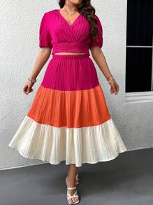 SHEIN Clasi Plus Colourblock Puff Sleeve Crop Top & Ruffle Hem Skirt - Multicolor - View 3