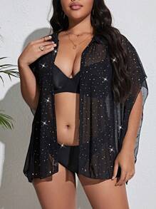 SHEIN Swim Curve Kimono con diseño de diamante de imitación de manga murciélago - Negro - Ver 3