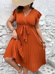 SHEIN Holidaya Plus Butterfly Sleeve Pleated Hem Belted Dress - Burnt Orange - View 6