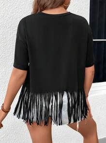 SHEIN LUNE Áo thun Plus size mép màu trơn Giải trí - màu đen - Xem 2