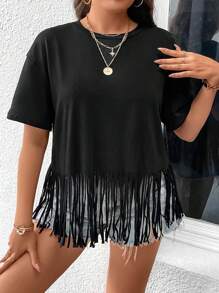 SHEIN LUNE Áo thun Plus size mép màu trơn Giải trí - màu đen - Xem 7