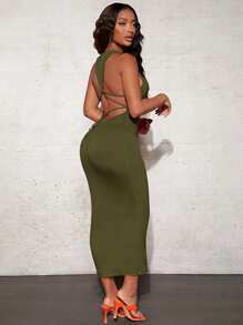 SHEIN SXY 素色十字交叉後背繫帶背心連衣裙 - 軍綠色 - 查看 1