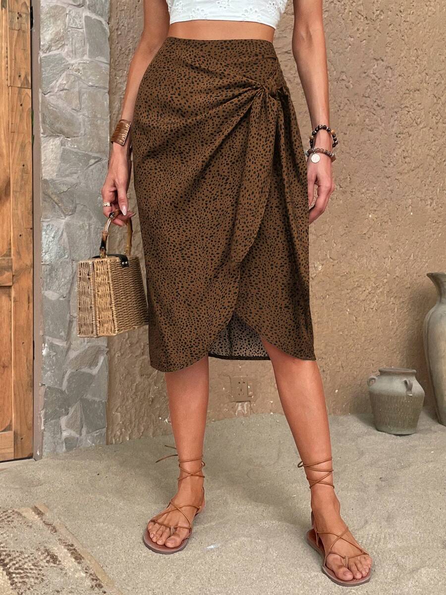SHEIN VCAY 滿版印花側打結裹身裙 - 棕色 - 查看 1