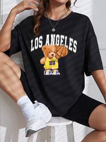 SHEIN EZwear 熊和字母圖案落肩袖超大號T恤 - 黑色 - 查看 1