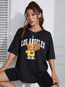 SHEIN EZwear 熊和字母圖案落肩袖超大號T恤 - 黑色 - 查看 3