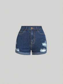 SHEIN 青少年女孩破洞卷邊牛仔短褲 - 深色水洗藍 - 查看 1