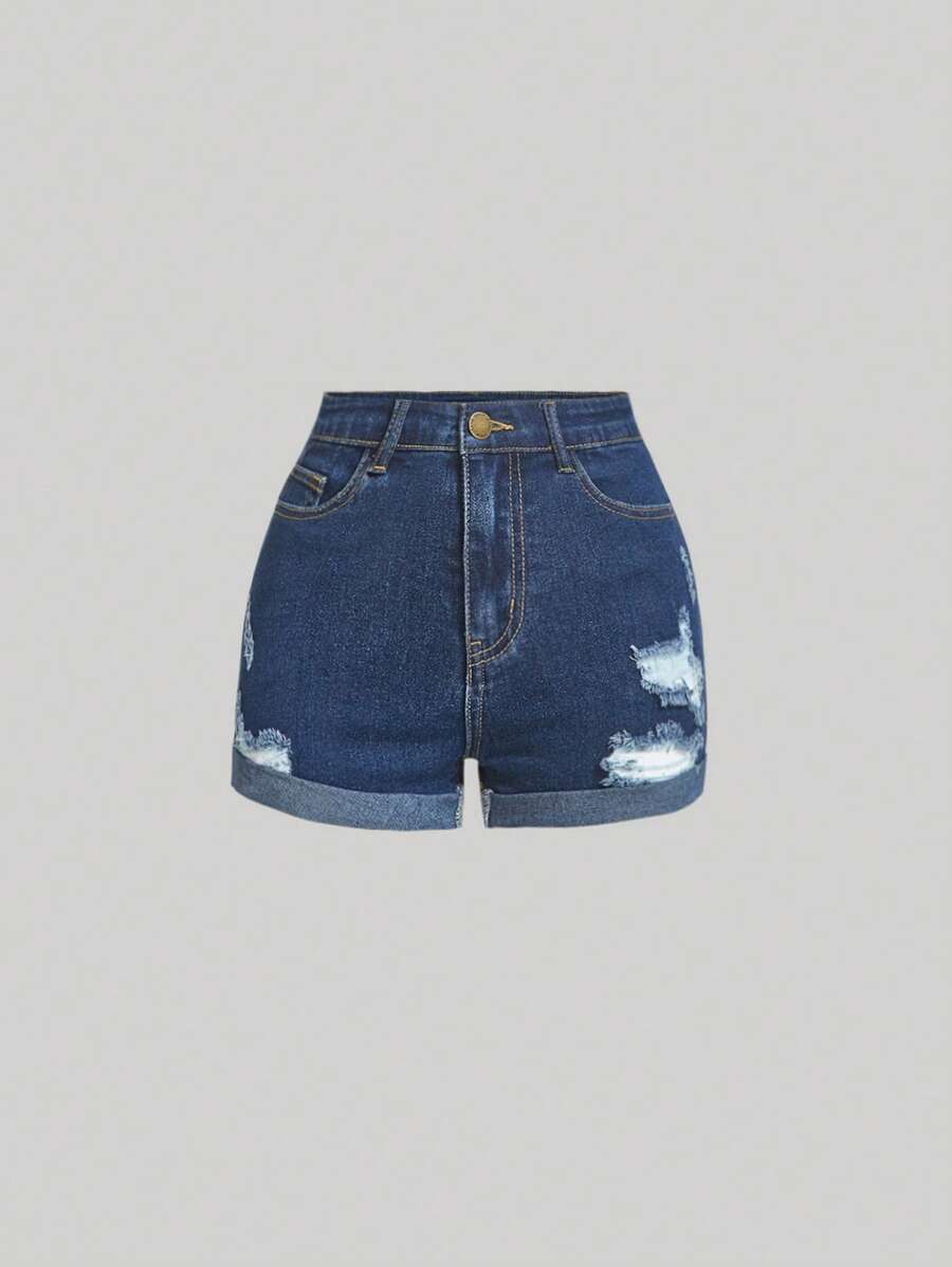 SHEIN 青少年女孩破洞卷邊牛仔短褲 - 深色水洗藍 - 查看 1