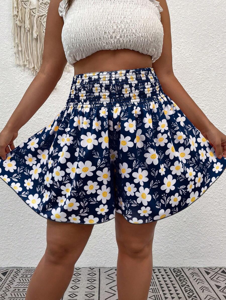SHEIN SunnyBelle Shorts de pierna ancha con estampado floral - Azul Marino - Ver 1