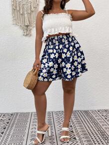SHEIN SunnyBelle Shorts de pierna ancha con estampado floral - Azul Marino - Ver 3