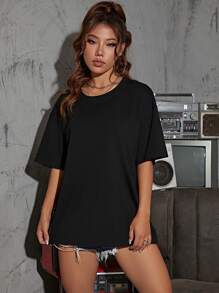 SHEIN EZwear Áo thun nữ Slogan Giải trí - màu đen - Xem 3