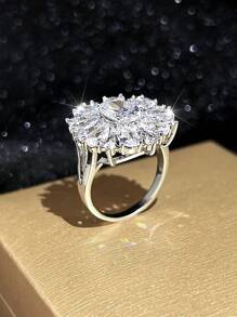 1入組水滴形花朵設計女式氧化鋯戒指用於珠寶聲明 - 銀色 - 查看 3