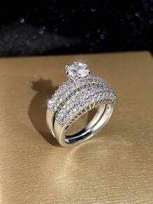 Vanel 1pair Luxury Cubic Zirconia Ring Set, 6-Prong Setting Round Rhinestone Ring For Women, Dating Gift - Silver - View 2