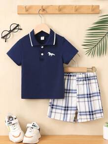 SHEIN 男孩馬印花polo衫和格子短褲 - 藍白色 - 查看 1