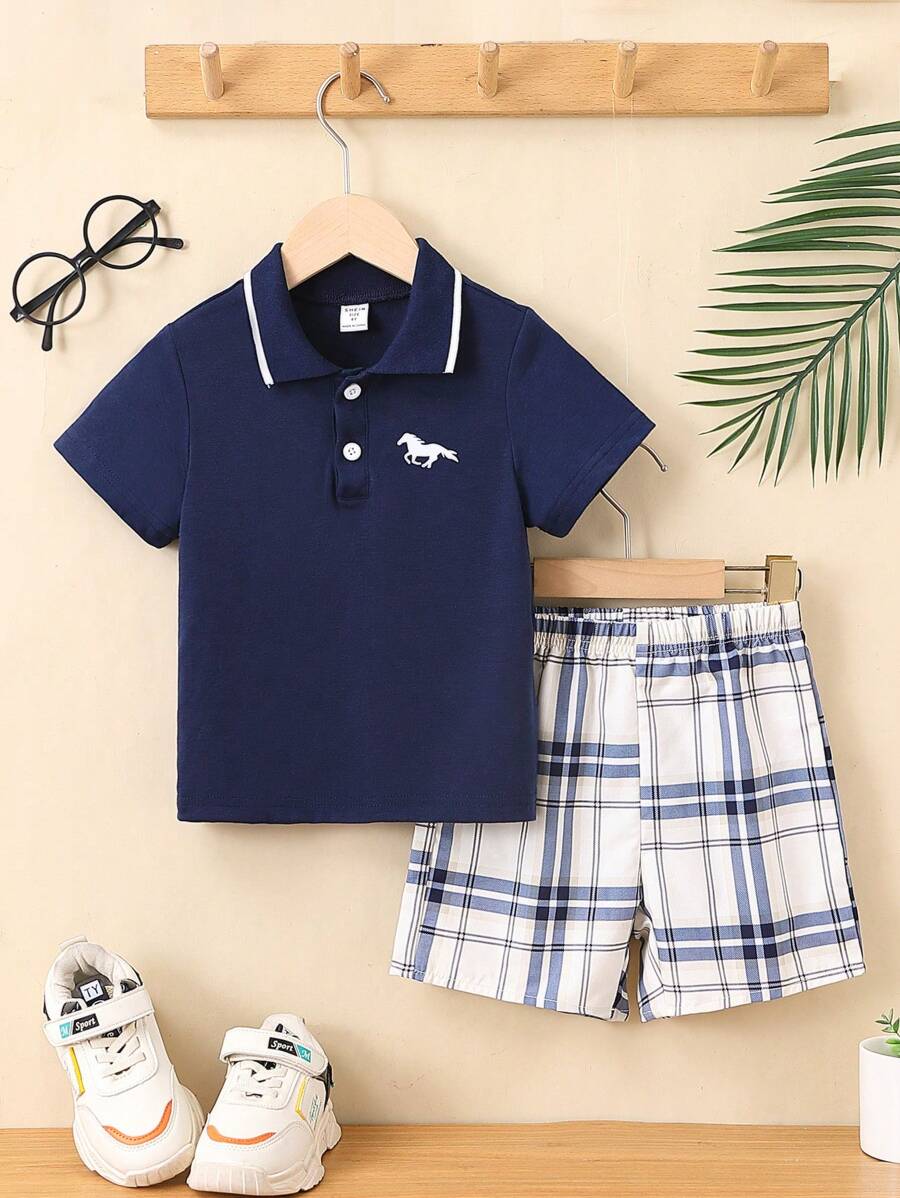 SHEIN 男孩馬印花polo衫和格子短褲 - 藍白色 - 查看 1