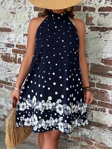 SHEIN VCAY Plus Polka Dot & Floral Print Halter Neck Dress - Navy Blue - View 3