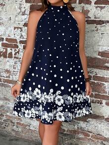 SHEIN VCAY Plus Polka Dot & Floral Print Halter Neck Dress - Navy Blue - View 5