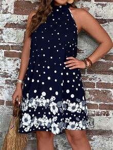 SHEIN VCAY Plus Polka Dot & Floral Print Halter Neck Dress - Navy Blue - View 6