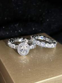 1對奢華全鋪鑲圓形鑽石和方晶鋯石鑲嵌戒指女士珠寶派對配飾 - 銀色 - 查看 2