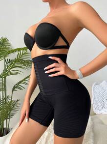 SHEIN Hook And Eye Waistband Ribbed Knit Shapewear Shorts - Black - View 4