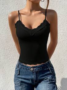 SHEIN EZwear Áo khoác và áo lót dành cho xe tăng nữ Tương phản ren màu trơn Giải trí - màu đen - Xem 6