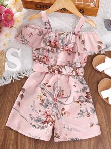 小女童印花挖肩荷葉邊連身短褲 - 粉色 - 查看 2
