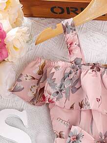 小女童印花挖肩荷葉邊連身短褲 - 粉色 - 查看 3