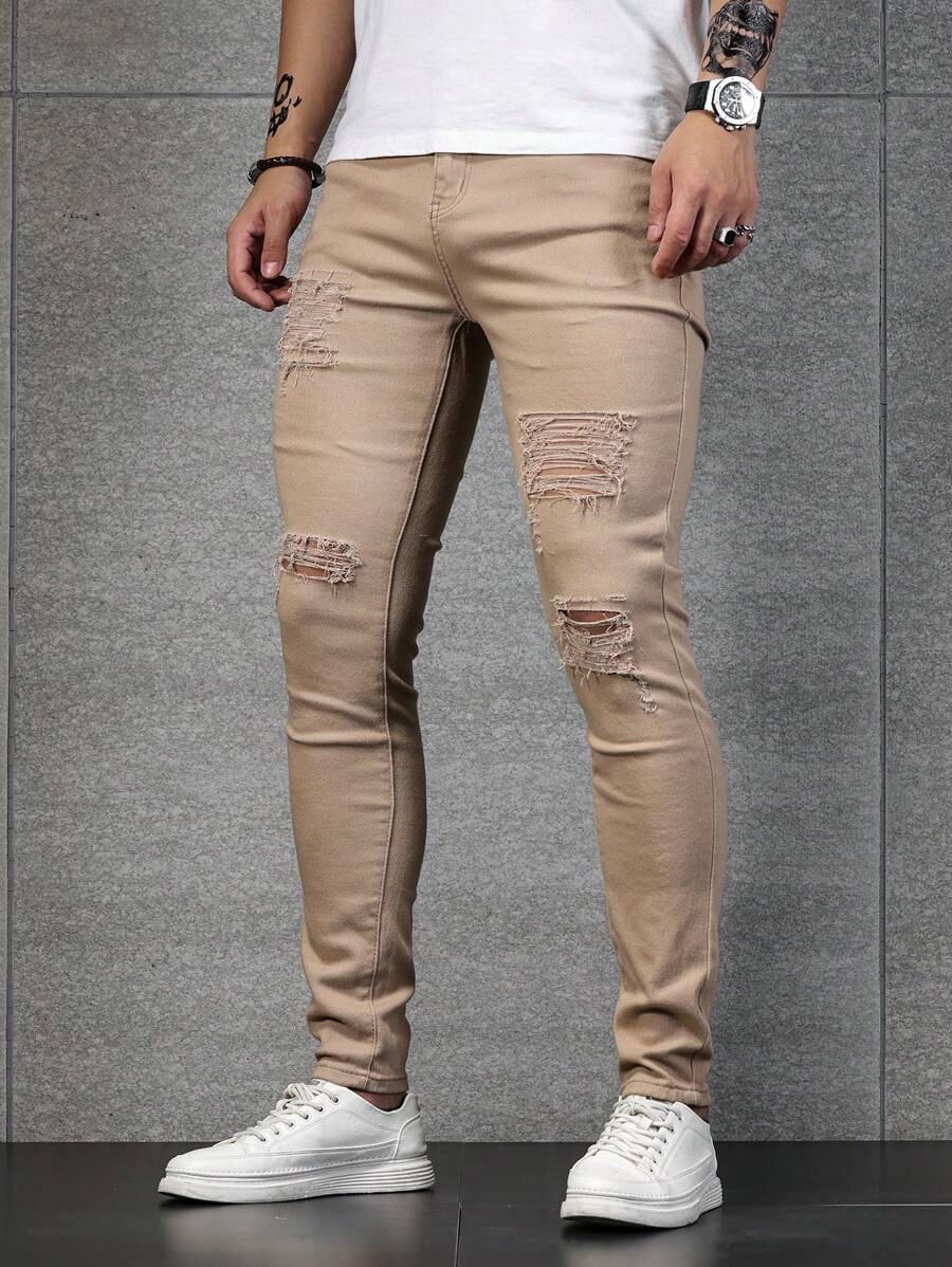 Manfinity Homme Men Cotton Ripped Frayed Skinny Jeans - Khaki - View 1