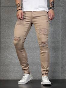 Manfinity Homme Men Cotton Ripped Frayed Skinny Jeans - Khaki - View 6