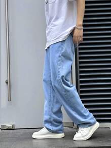 Claim Dot 男士寬鬆直筒褲,帶斜口袋 - 淺色水洗藍 - 查看 4