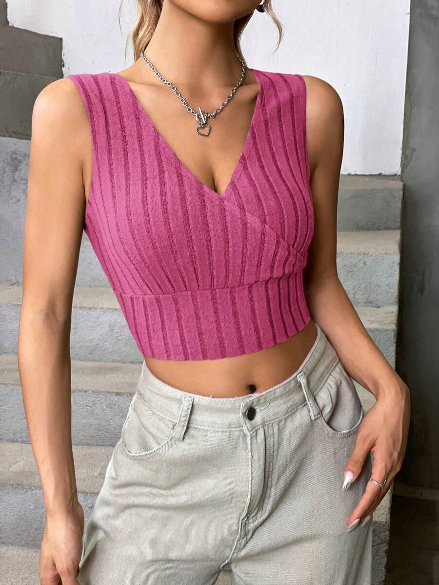 SHEIN EZwear 交疊領短款背心 - 粉色 - 查看 1