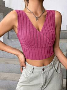 SHEIN EZwear 交疊領短款背心 - 粉色 - 查看 3